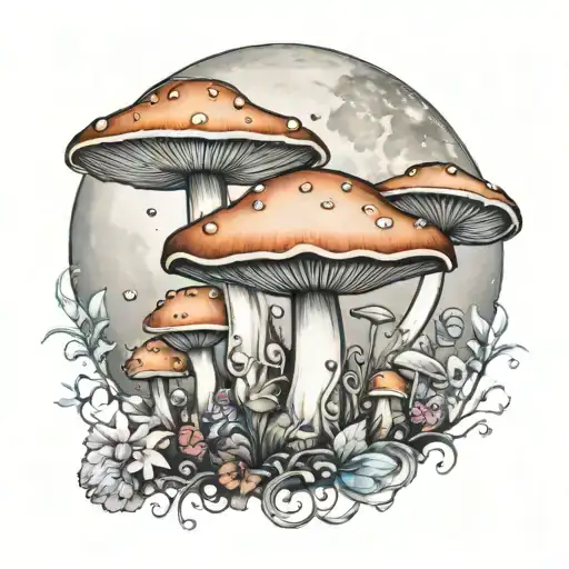 large mushroom with smaller ones.. large moon with large crystals gems and a fairys tattoo design idea