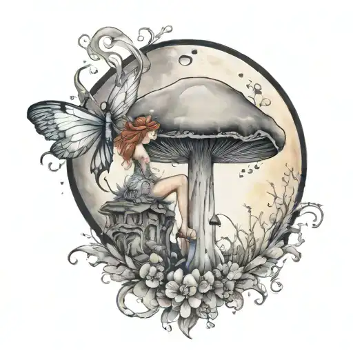 fairys with crystals and mushroom giant moon tattoo design idea