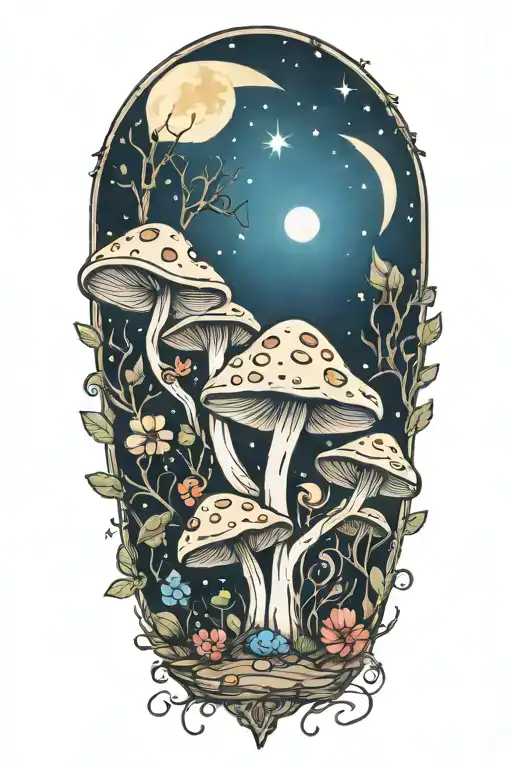 fairy mushroom moon crystal gems tattoo design idea