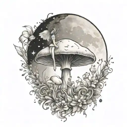 fairys with crystals and mushroom giant moon tattoo design idea