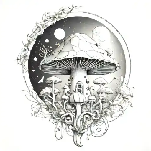 fairys with crystals and mushroom giant moon tattoo design idea