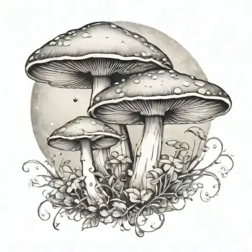 large mushroom with smaller ones.. large moon with large crystals and a fairy tattoo design idea