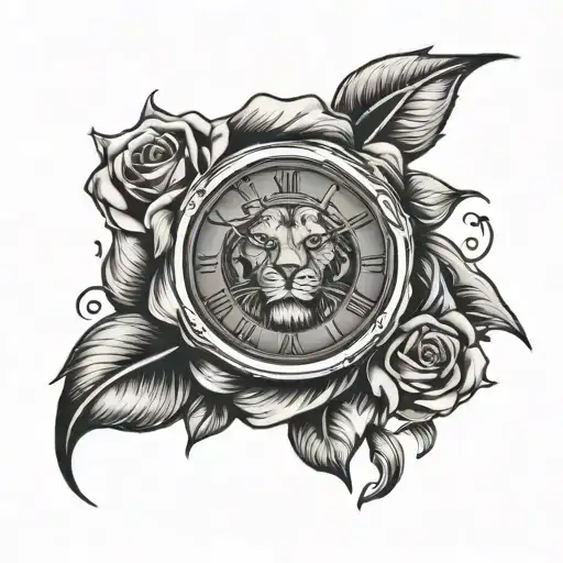 lion clock rose tattoo design idea