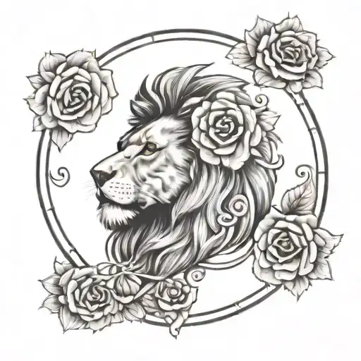 lion clock rose tattoo design idea