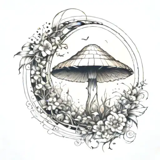fairys with crystals and mushroom giant moon tattoo design idea