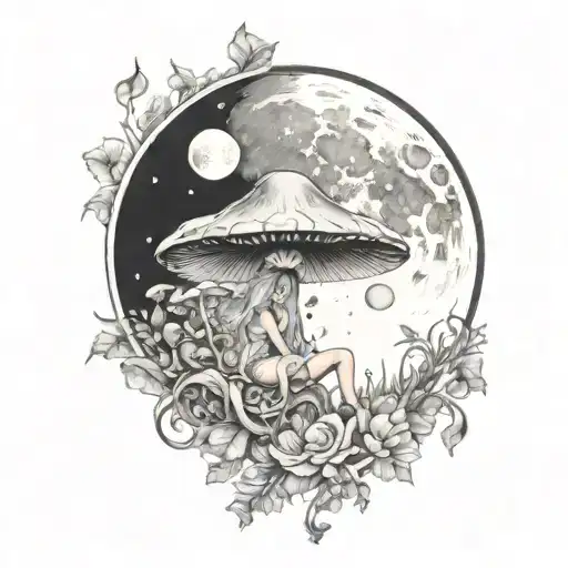 fairys with crystals and mushroom giant moon tattoo design idea