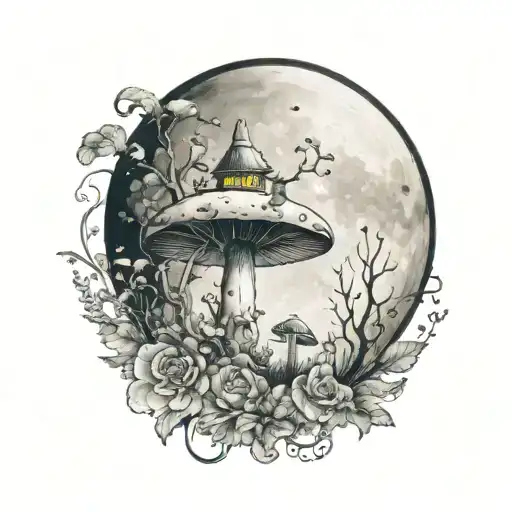 fairys with crystals and mushroom giant moon tattoo design idea