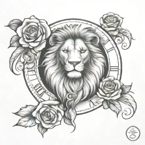 lion clock rose tattoo design idea