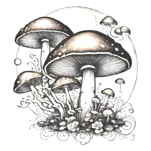 large mushroom with smaller ones.. large moon with crystals and a fairy tattoo design idea