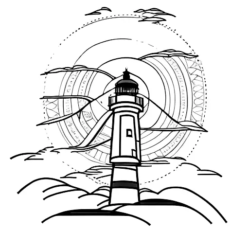 outline tattoo of a train car in front of a lighthouse with the sun rising behind the whole scene tattoo design idea