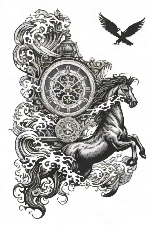 clock face, ship, waves forming into horses breaking free tattoo design idea