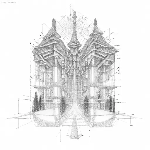 An architectural blueprint transformed into a festival scene tattoo design idea
