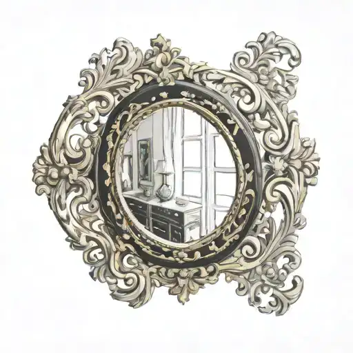 an oval gold framed mirror with black inside the frame tattoo design idea