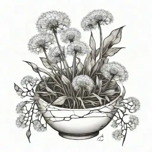 kintsugi bowl filled with dandelions tattoo design idea