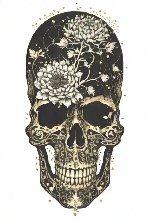 a gold picture frame with dandelions blowing around skull tattoo design idea