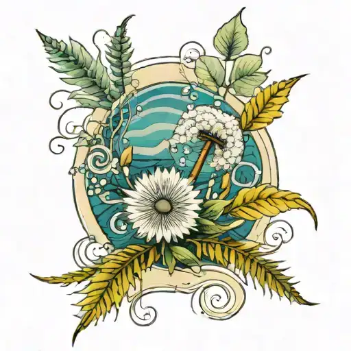 dandelion, ferns, and ocean waves crashing in the background tattoo design idea