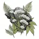 dandelions, ferns, and moss on rock tattoo design idea