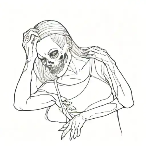 skull femme fatale taking off her t-shirt tattoo design idea
