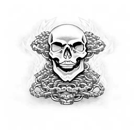 A skull with flames and chains inspired by heavy metal album art tattoo design idea