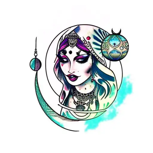 gypsy woman, crystal ball, crescent moon, cat tattoo design idea