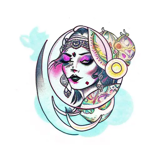 gypsy woman, crystal ball, crescent moon, cat tattoo design idea
