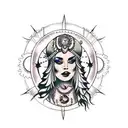 gypsy woman, crystal ball, crescent moon tattoo design idea