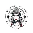 gypsy woman, crystal ball, crescent moon tattoo design idea