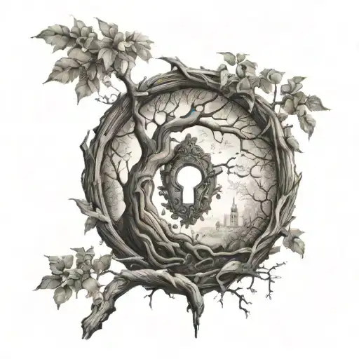 A mystical keyhole hidden within the branches of a tree, representing the secrets of nature waiting to be unlocked tattoo design idea
