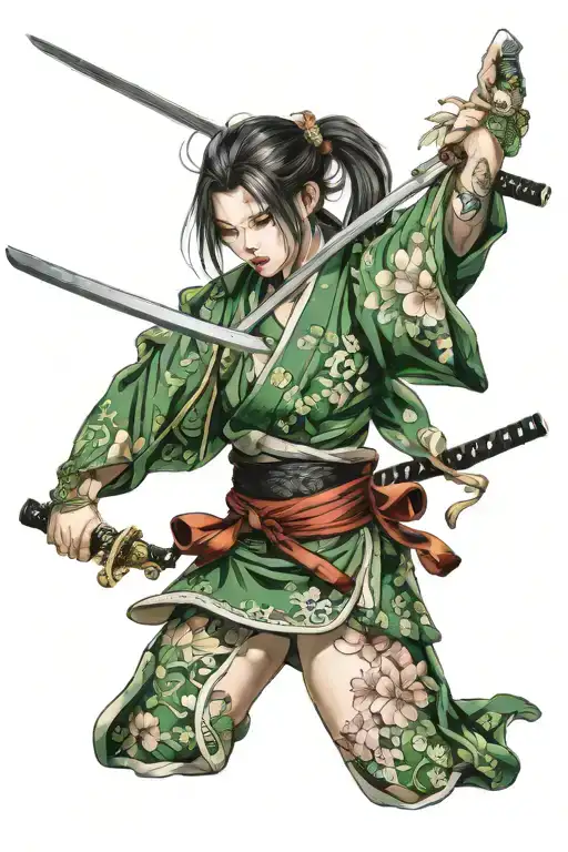 woman wearing kimono using katana with green eyes tattoo design idea