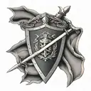 A shield with a crest featuring a sword and shield crossed, symbolizing the client's veteran status and dedication to service tattoo design idea