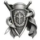 A shield with a crest featuring a sword and shield crossed, symbolizing the client's veteran status and dedication to service tattoo design idea