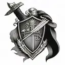 A shield with a crest featuring a sword and shield crossed, symbolizing the client's veteran status and dedication to service tattoo design idea