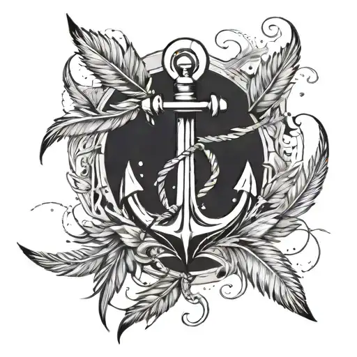 An intricate anchor design with feathers breaking off it, incorporating elements of the Navy tattoo design idea