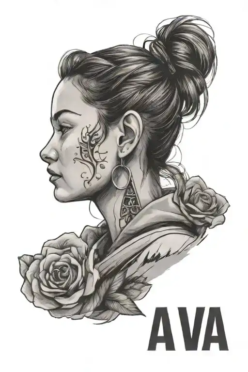 A portrait of a young girl with the name 'Ava' written in a mountain-themed font tattoo design idea
