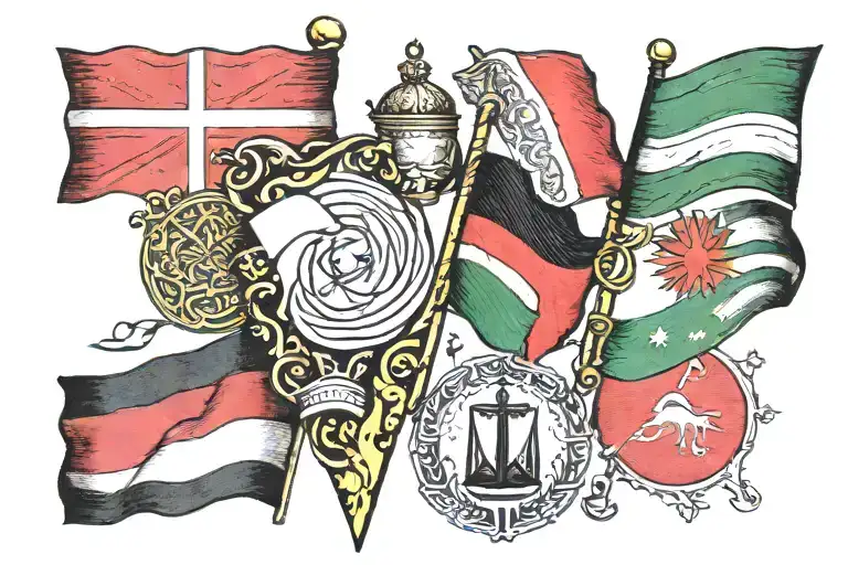 Three flags in a horizontal row starting with danish flag, then palestinian flag and then the iraqi flag  tattoo design idea