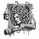 medusa looking in a mirror being smashed by a hammer tattoo design idea