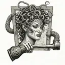 medusa looking in a mirror being smashed by a hammer tattoo design idea