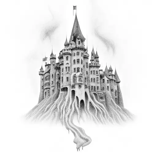 A black-grey tattoo of a haunted castle with ghostly figures, inspired by Poe's 'The Fall of the House of Usher' tattoo design idea
