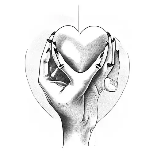 hand holding heart with black nails tattoo design idea