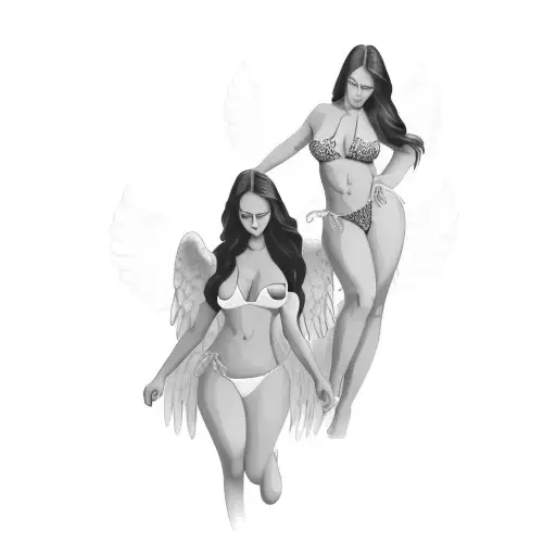 a woman in a bikini with angel wings tattoo design idea