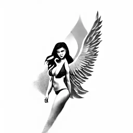 a woman in a bikini with angel wings tattoo design idea