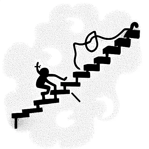 person climbing circled stairs with handrail made of a neuron axon on one side and a music pentagram on the other side tattoo design idea