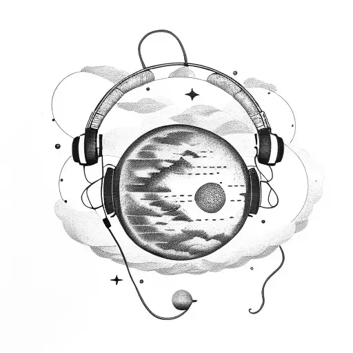 man listening to music in solar system tattoo design idea