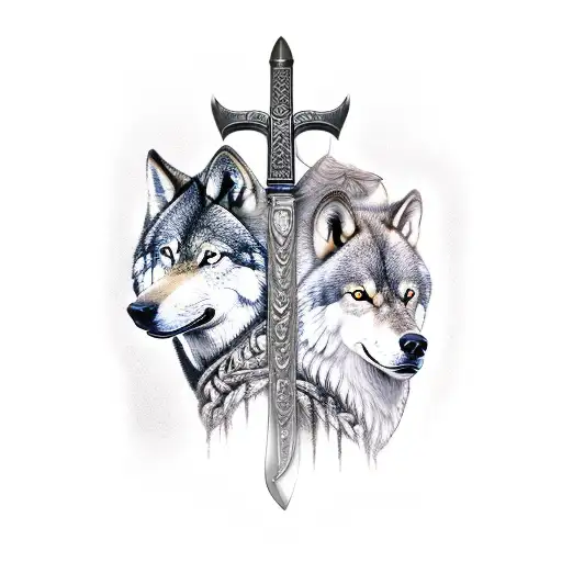 viking sword with two wolves. one angre, one calm tattoo design idea