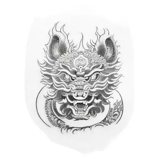 chinese landscape foo dog black white red sleeve tattoo design idea