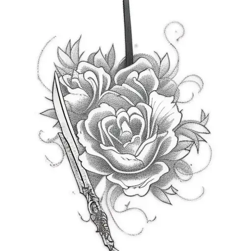 Mulan tattoo with sword and flowers tattoo design idea