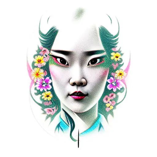 Mulan face tattoo with sword and flowers tattoo design idea