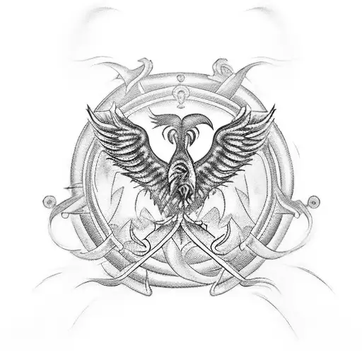 large tattoo , nautical theme , phoenix , include words " I've never been a somber soul But part of me ain't here no mor tattoo design idea