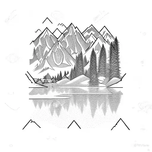 mountain with river flowing through valley reflection in water tattoo design idea