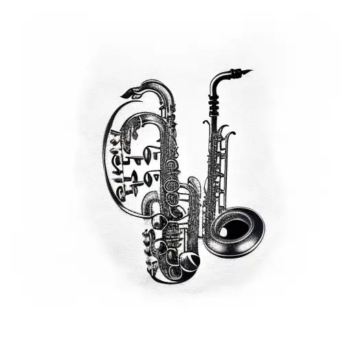 tattoo of a saxophone with musical notes surrounding it tattoo design idea